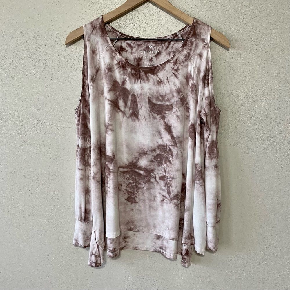 American Eagle Brown and White Tie-Dye Soft & Sexy Cold Shoulder Top